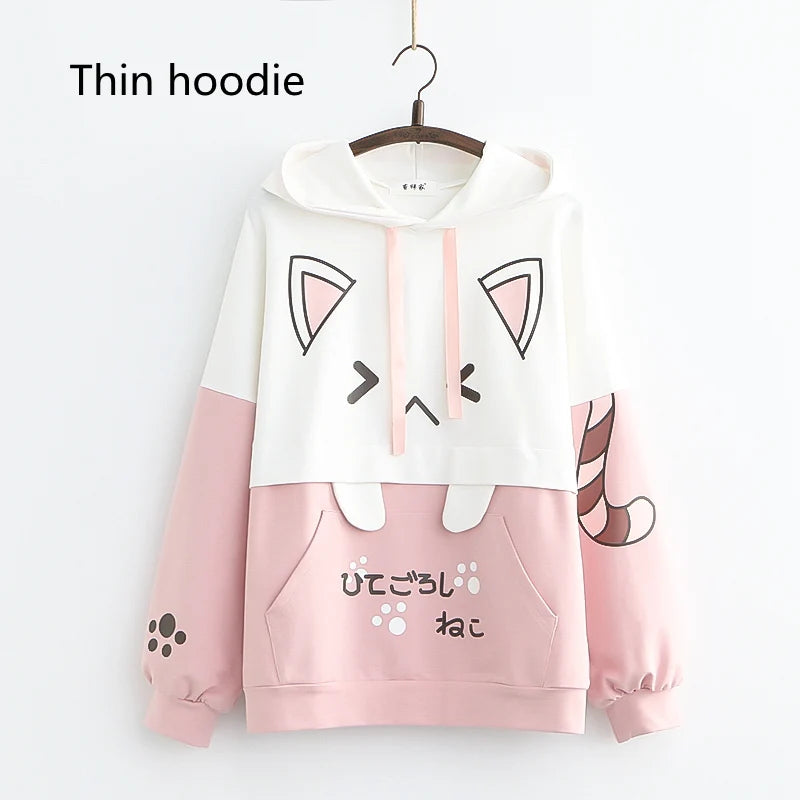 Harajuku Kawaii Women Cute Hoodie Black Pink Long Sleeve Graphic Cat Ear Funny Anime Teen Girls Pullover Vintage Sweatshirt 2021