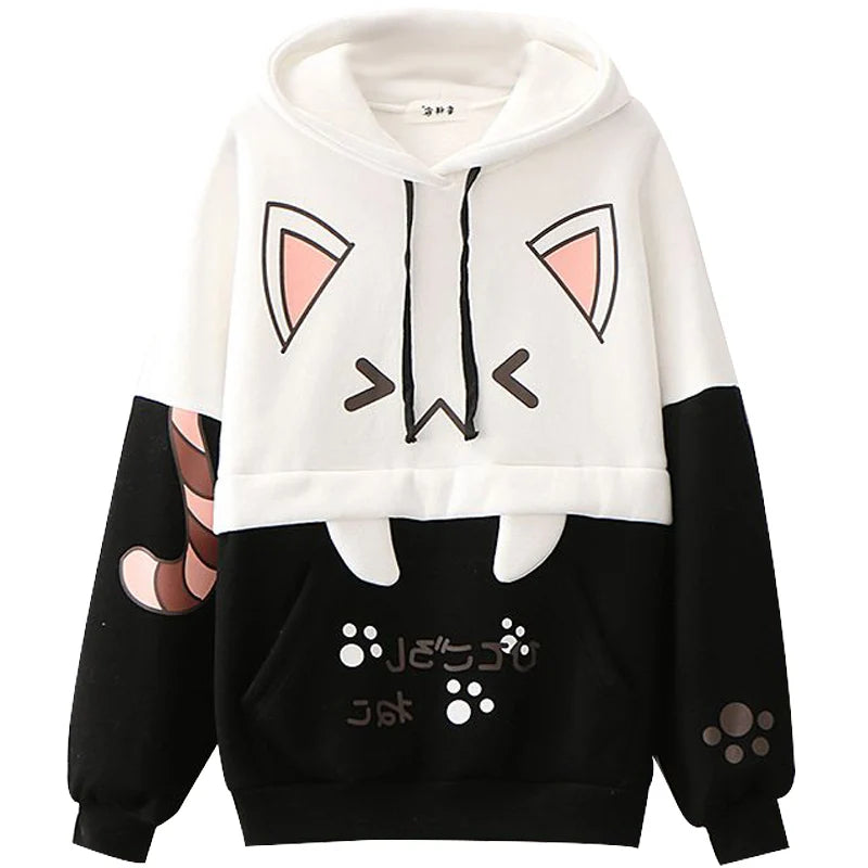 Harajuku Kawaii Women Cute Hoodie Black Pink Long Sleeve Graphic Cat Ear Funny Anime Teen Girls Pullover Vintage Sweatshirt 2021