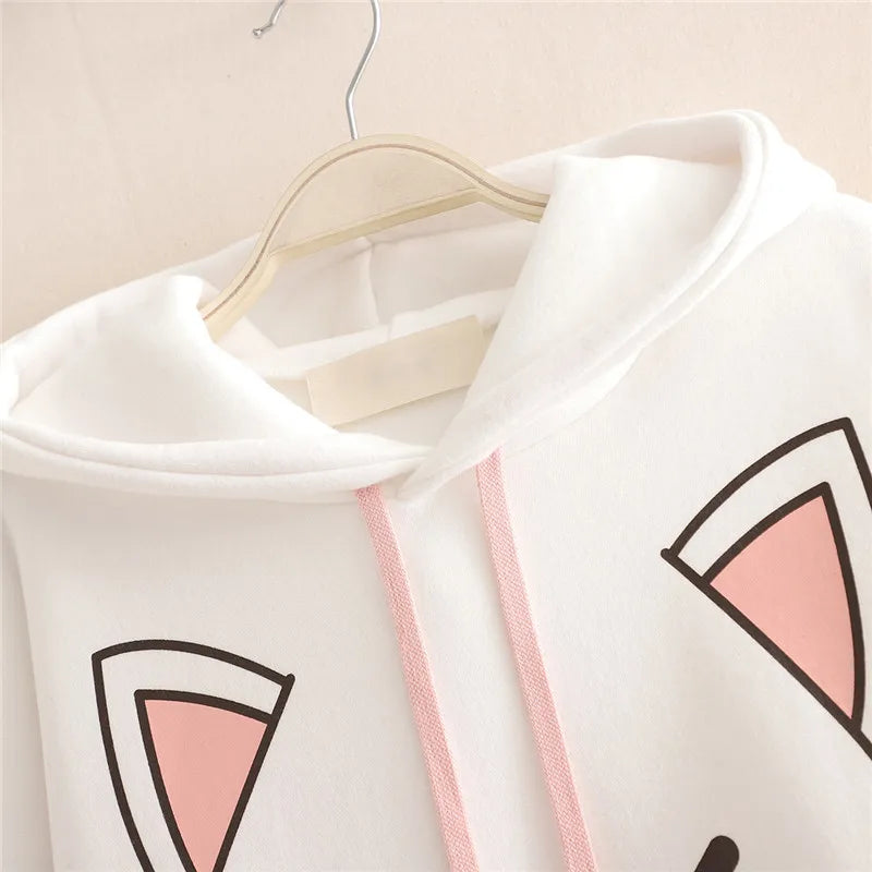 Harajuku Kawaii Women Cute Hoodie Black Pink Long Sleeve Graphic Cat Ear Funny Anime Teen Girls Pullover Vintage Sweatshirt 2021