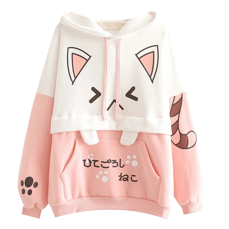 Harajuku Kawaii Women Cute Hoodie Black Pink Long Sleeve Graphic Cat Ear Funny Anime Teen Girls Pullover Vintage Sweatshirt 2021