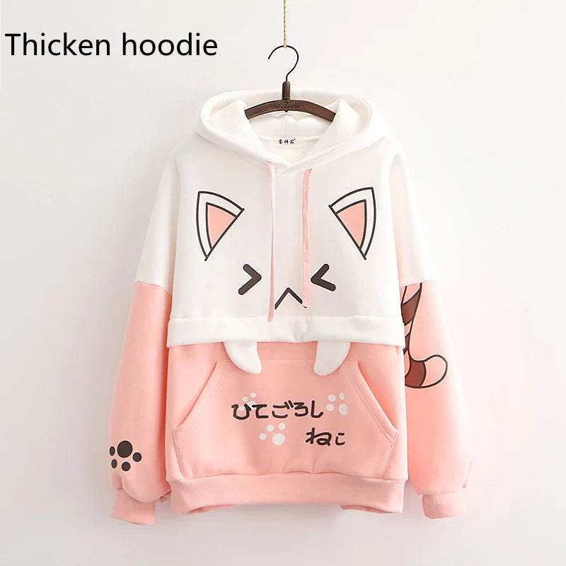 Harajuku Kawaii Women Cute Hoodie Black Pink Long Sleeve Graphic Cat Ear Funny Anime Teen Girls Pullover Vintage Sweatshirt 2021