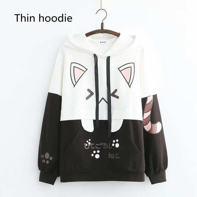 Harajuku Kawaii Women Cute Hoodie Black Pink Long Sleeve Graphic Cat Ear Funny Anime Teen Girls Pullover Vintage Sweatshirt 2021